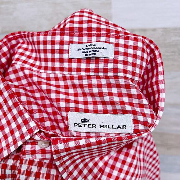 Peter Millar Stretch Twill Sport Shirt Red White Gingham Cotton Mens Large - Picture 5 of 5